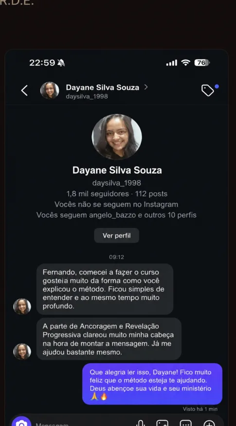 Mensagem de Dayane Silva Souza sobre clareza, profundidade e aplicação do Método A.R.D.E.