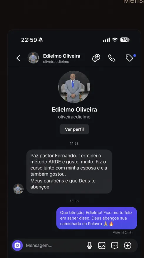 Mensagem de Edielmo Oliveira após concluir o Método A.R.D.E. com a esposa