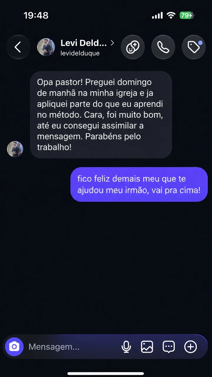 Mensagem de Levi relatando que aplicou o Método A.R.D.E. em uma pregação